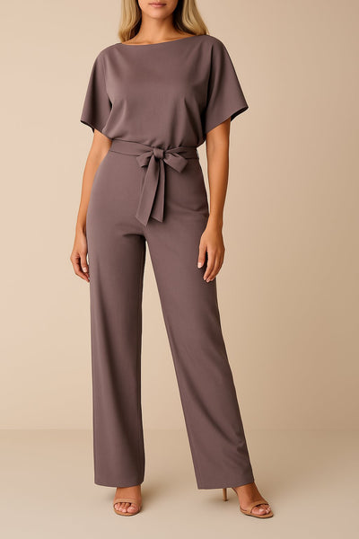 Greta | Damen Kurzarm Bindegürtel Weites-Bein Jumpsuit