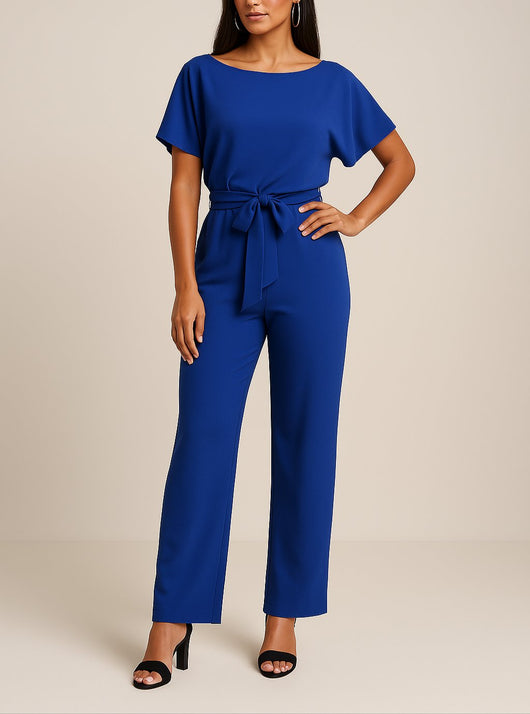 Greta | Damen Kurzarm Bindegürtel Weites-Bein Jumpsuit