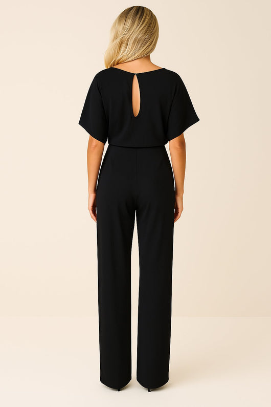 Greta | Damen Kurzarm Bindegürtel Weites-Bein Jumpsuit