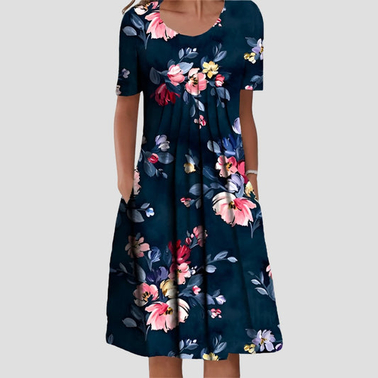 Hannah | Damen Kurzarm Blumenkleid mit Taschendetails in A-Linie