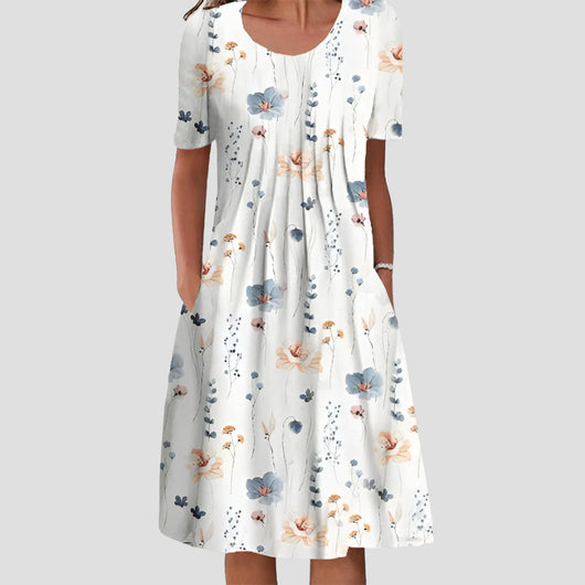 Hannah | Damen Kurzarm Blumenkleid mit Taschendetails in A-Linie