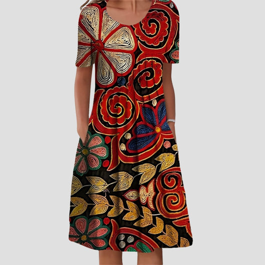 Hannah | Damen Kurzarm Blumenkleid mit Taschendetails in A-Linie