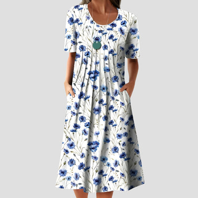 Hannah | Damen Kurzarm Blumenkleid mit Taschendetails in A-Linie