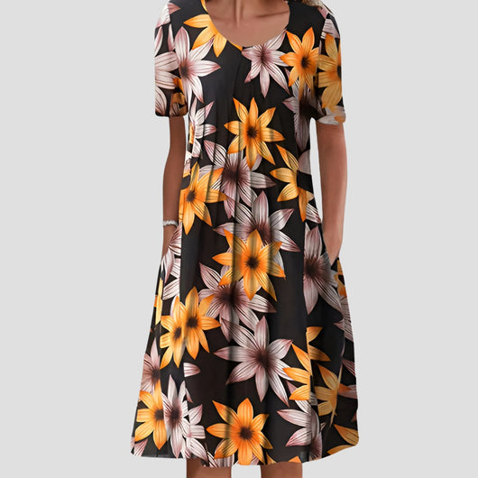 Hannah | Damen Kurzarm Blumenkleid mit Taschendetails in A-Linie