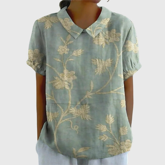 Katharina | Damen Kurzarm-Bluse aus Leinen mit Blumendruck und Peter-Pan-Kragen
