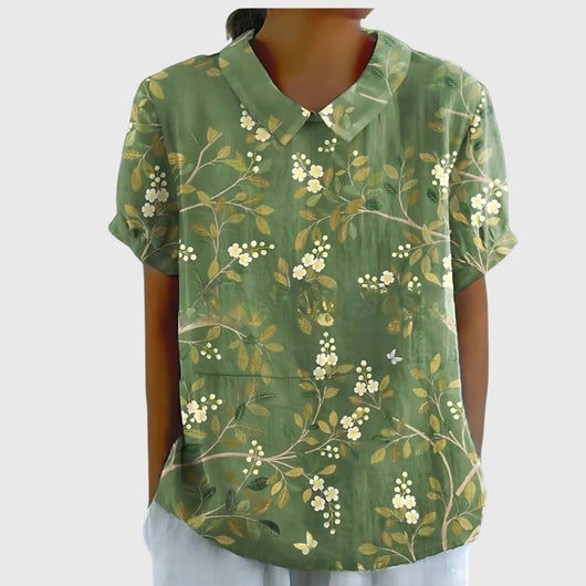 Katharina | Damen Kurzarm-Bluse aus Leinen mit Blumendruck und Peter-Pan-Kragen