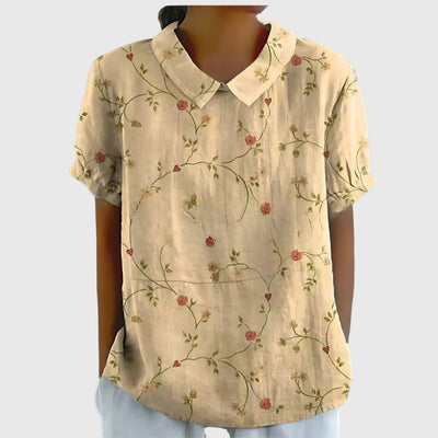 Katharina | Damen Kurzarm-Bluse aus Leinen mit Blumendruck und Peter-Pan-Kragen