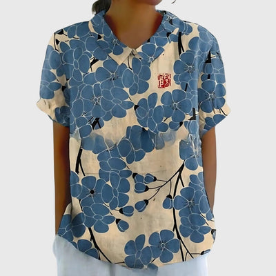 Katharina | Damen Kurzarm-Bluse aus Leinen mit Blumendruck und Peter-Pan-Kragen