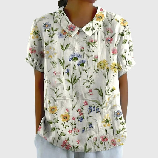 Katharina | Damen Kurzarm-Bluse aus Leinen mit Blumendruck und Peter-Pan-Kragen