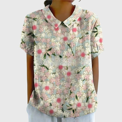 Katharina | Damen Kurzarm-Bluse aus Leinen mit Blumendruck und Peter-Pan-Kragen