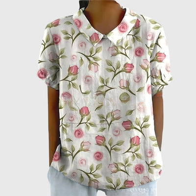 Katharina | Damen Kurzarm-Bluse aus Leinen mit Blumendruck und Peter-Pan-Kragen
