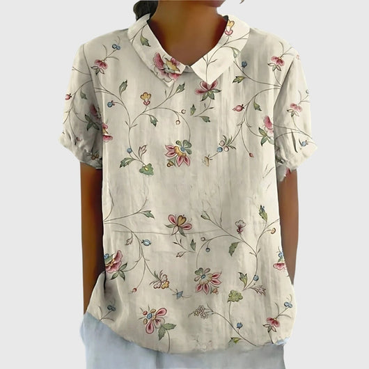 Katharina | Damen Kurzarm-Bluse aus Leinen mit Blumendruck und Peter-Pan-Kragen