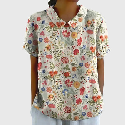 Katharina | Damen Kurzarm-Bluse aus Leinen mit Blumendruck und Peter-Pan-Kragen