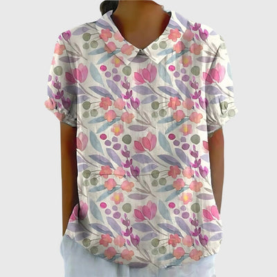 Katharina | Damen Kurzarm-Bluse aus Leinen mit Blumendruck und Peter-Pan-Kragen