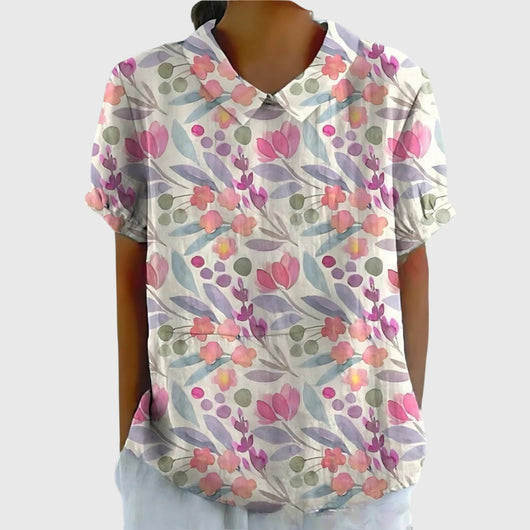 Katharina | Damen Kurzarm-Bluse aus Leinen mit Blumendruck und Peter-Pan-Kragen