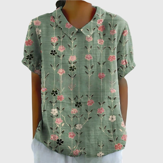 Katharina | Damen Kurzarm-Bluse aus Leinen mit Blumendruck und Peter-Pan-Kragen