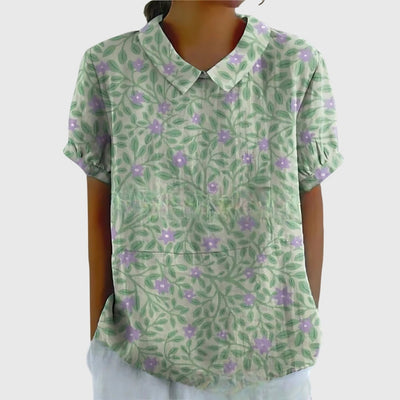 Katharina | Damen Kurzarm-Bluse aus Leinen mit Blumendruck und Peter-Pan-Kragen