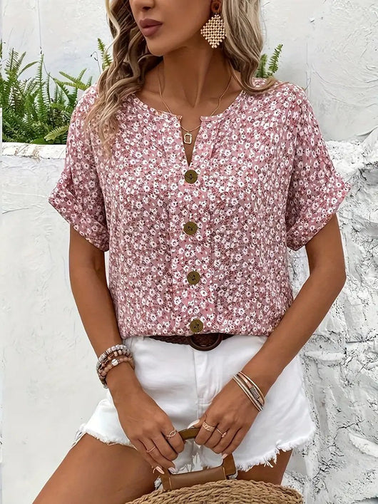 Charlotte | Damen Kurzarm-Bluse mit Blumendruck und Knopfleiste aus Baumwolle