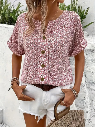 Charlotte | Damen Kurzarm-Bluse mit Blumendruck und Knopfleiste aus Baumwolle