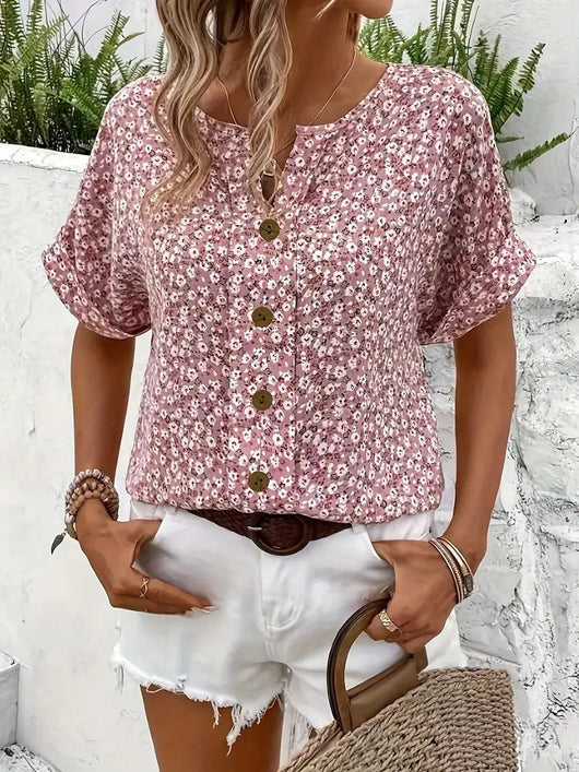 Charlotte | Damen Kurzarm-Bluse mit Blumendruck und Knopfleiste aus Baumwolle