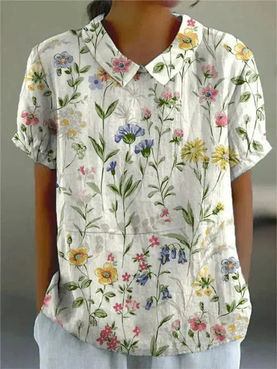 Clara | Damen Kurzarm-Bluse mit Blumenmuster und Hemdkragen