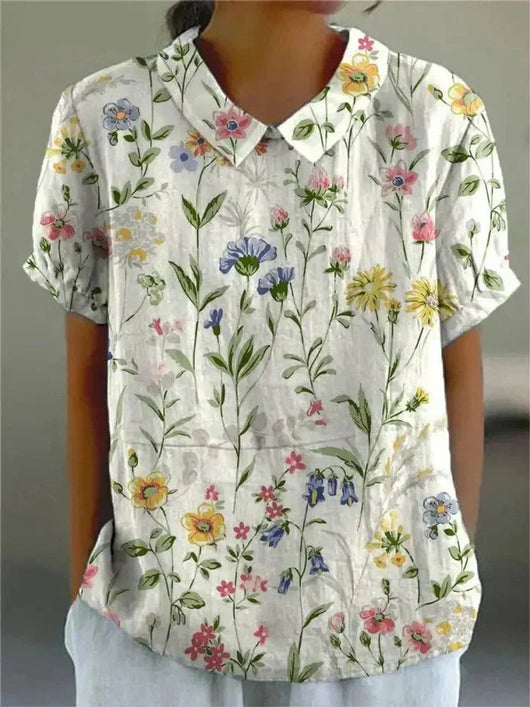 Clara | Damen Kurzarm-Bluse mit Blumenmuster und Hemdkragen