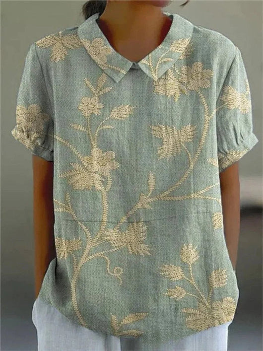 Clara | Damen Kurzarm-Bluse mit Blumenmuster und Hemdkragen