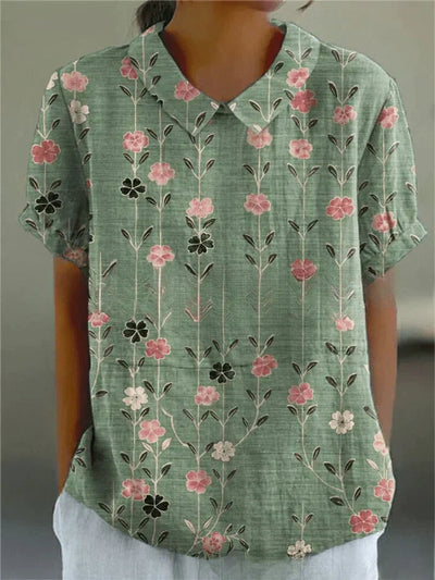 Clara | Damen Kurzarm-Bluse mit Blumenmuster und Hemdkragen