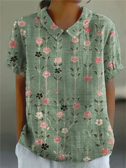 Clara | Damen Kurzarm-Bluse mit Blumenmuster und Hemdkragen