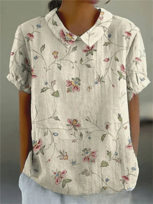 Clara | Damen Kurzarm-Bluse mit Blumenmuster und Hemdkragen