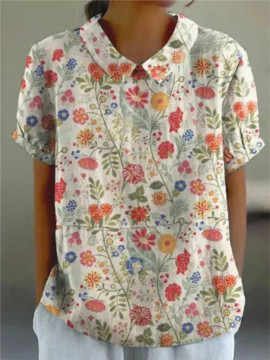 Clara | Damen Kurzarm-Bluse mit Blumenmuster und Hemdkragen