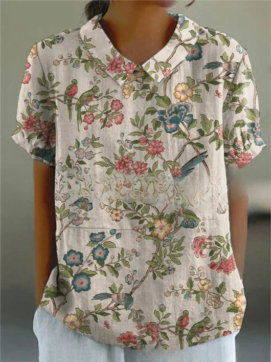 Clara | Damen Kurzarm-Bluse mit Blumenmuster und Hemdkragen