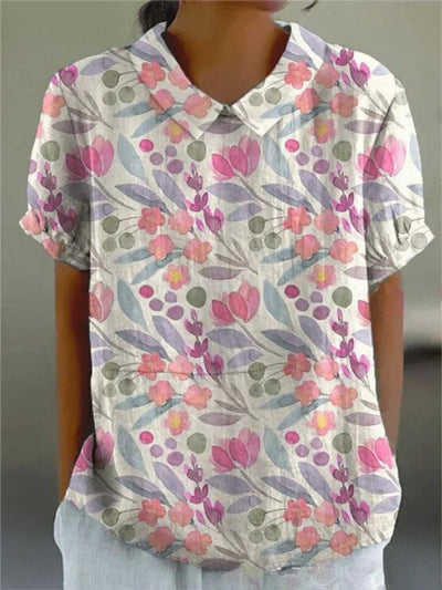 Clara | Damen Kurzarm-Bluse mit Blumenmuster und Hemdkragen