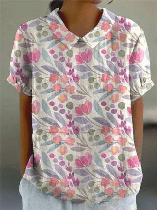 Clara | Damen Kurzarm-Bluse mit Blumenmuster und Hemdkragen