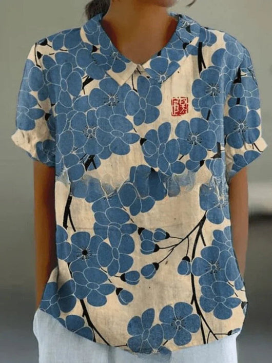 Clara | Damen Kurzarm-Bluse mit Blumenmuster und Hemdkragen