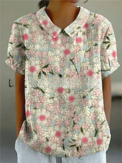 Clara | Damen Kurzarm-Bluse mit Blumenmuster und Hemdkragen