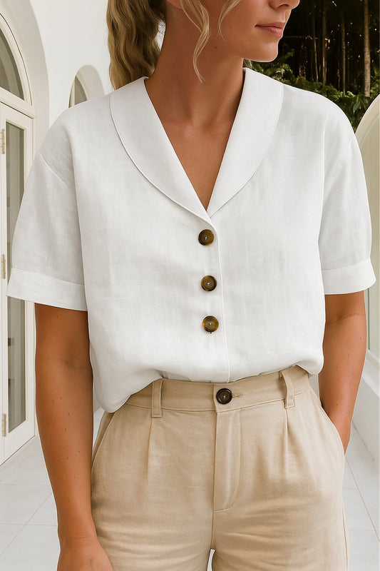 Marlene | Damen Kurzarm-Bluse mit Knopfleiste Reverskragen Relaxed Fit