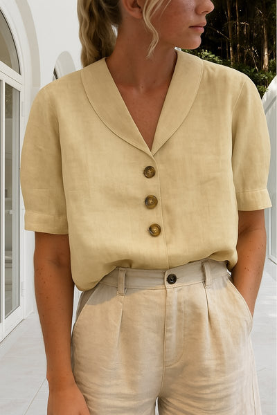 Marlene | Damen Kurzarm-Bluse mit Knopfleiste Reverskragen Relaxed Fit
