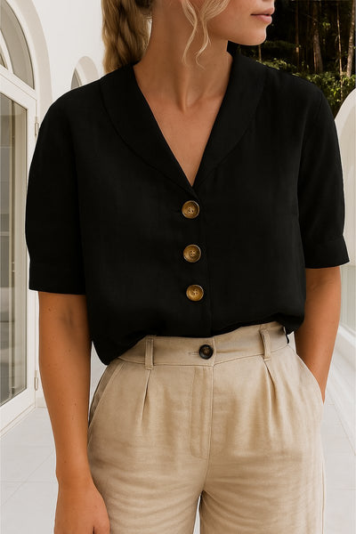 Marlene | Damen Kurzarm-Bluse mit Knopfleiste Reverskragen Relaxed Fit