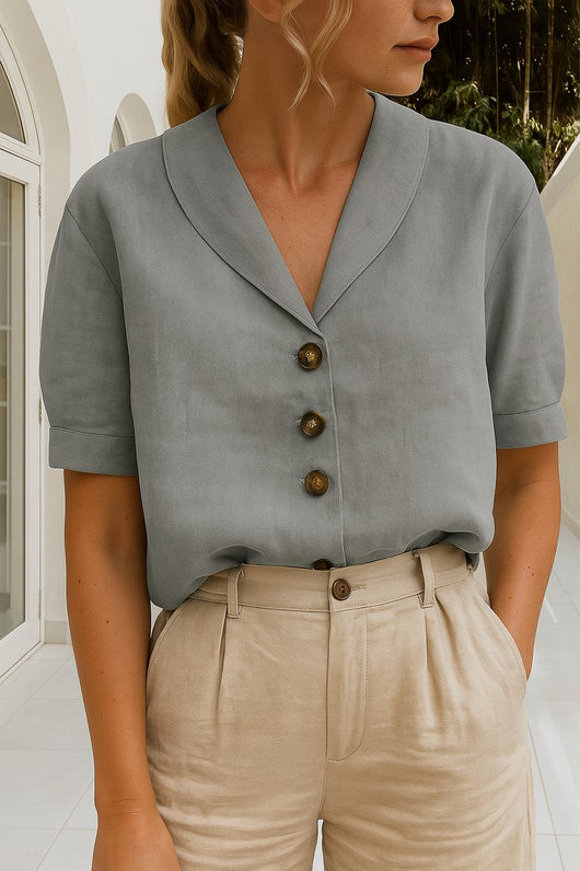 Marlene | Damen Kurzarm-Bluse mit Knopfleiste Reverskragen Relaxed Fit
