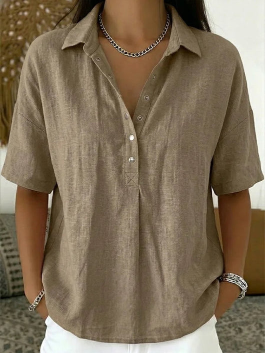 Johanna | Damen Kurzarm-Bluse mit Kragen lockerer Leinen-Look Knopfleiste