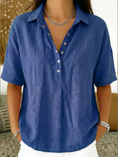 Johanna | Damen Kurzarm-Bluse mit Kragen lockerer Leinen-Look Knopfleiste