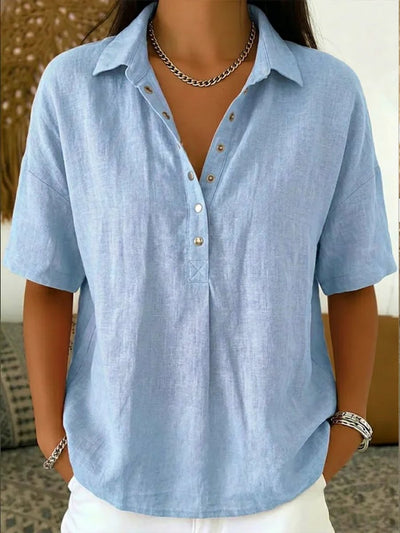 Johanna | Damen Kurzarm-Bluse mit Kragen lockerer Leinen-Look Knopfleiste