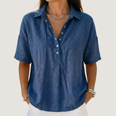 Johanna | Damen Kurzarm-Bluse mit Kragen lockerer Leinen-Look Knopfleiste