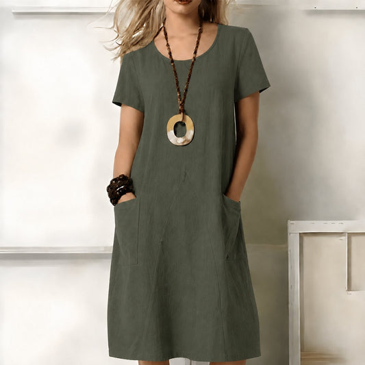 Greta | Damen Kurzarm Boho Midikleid lockere Passform mit Taschen
