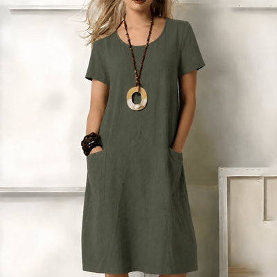 Greta | Damen Kurzarm Boho Midikleid lockere Passform mit Taschen