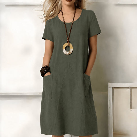Greta | Damen Kurzarm Boho Midikleid lockere Passform mit Taschen