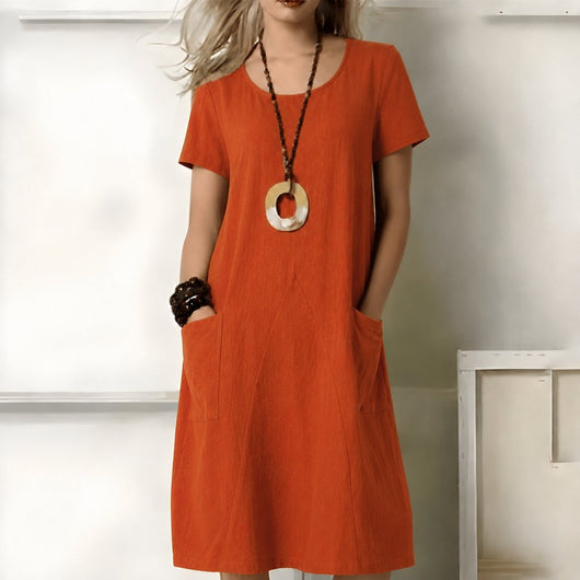 Greta | Damen Kurzarm Boho Midikleid lockere Passform mit Taschen