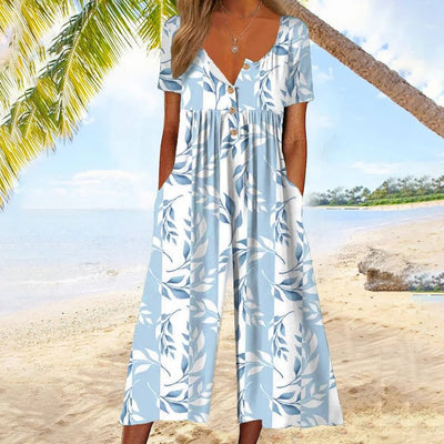 Leonie | Damen Kurzarm-Culotte-Jumpsuit mit Knopfleiste aus Baumwolle