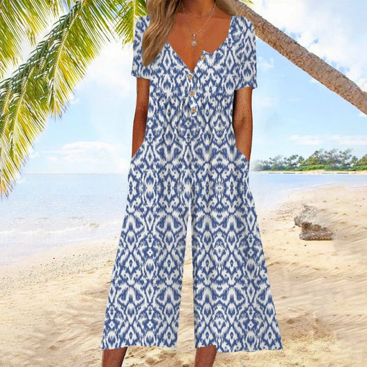 Leonie | Damen Kurzarm-Culotte-Jumpsuit mit Knopfleiste aus Baumwolle